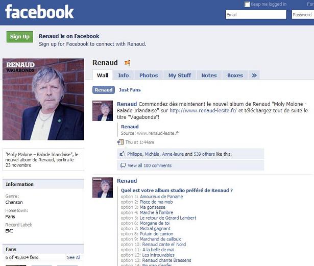 Page Facebook Renaud officielle au 8/11/2009