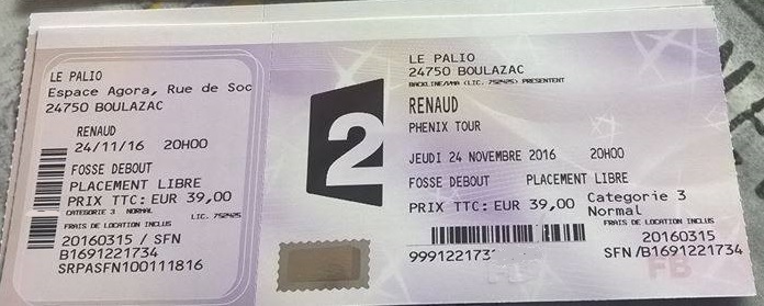 ticket concert ph�nix tour renaud 2016 2017 billet standard France 2