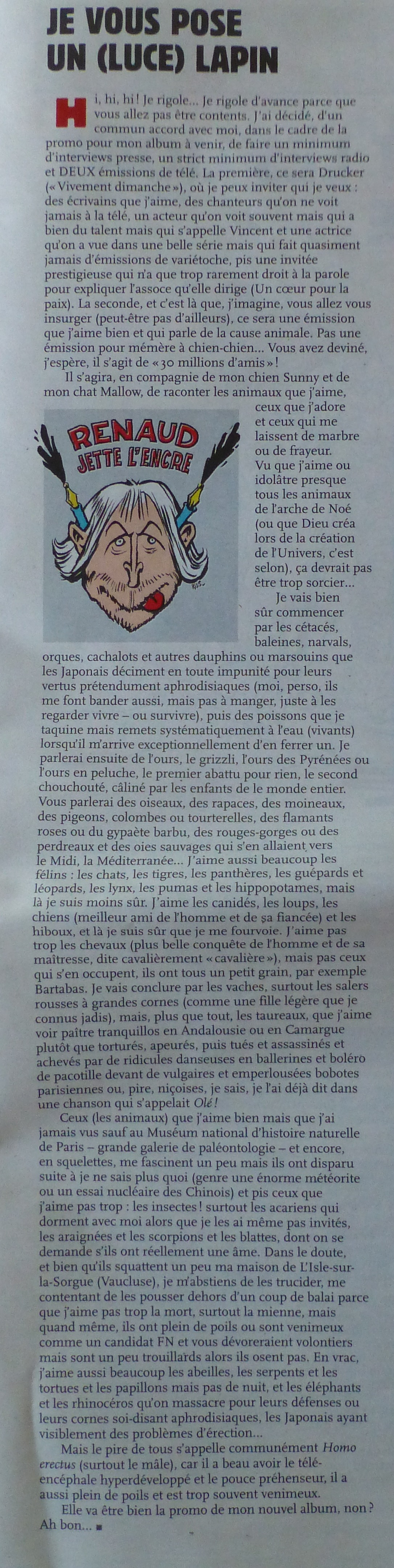 Renaud chronique Charlie Hebdo 6 avril 2016 mots sauve animaux luce lapin