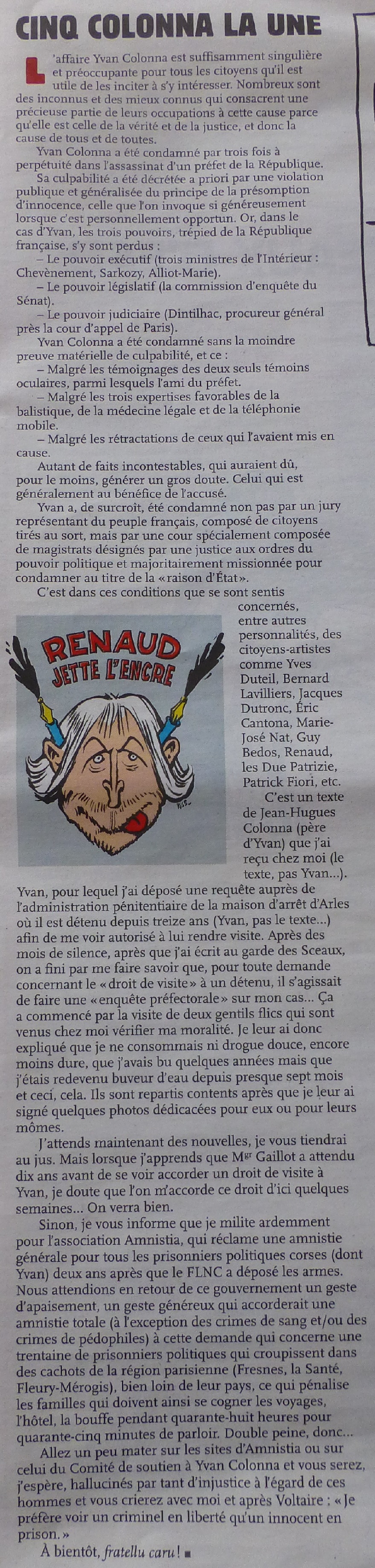 Renaud chronique Charlie Hebdo 20 avril 2016 cherche maison corse yvan colonna